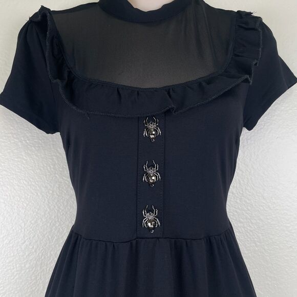 Killstar Dress Womens M Black Goth Witchy Mesh Ruffle Fit & Flare Spider Buttons - Picture 2 of 12